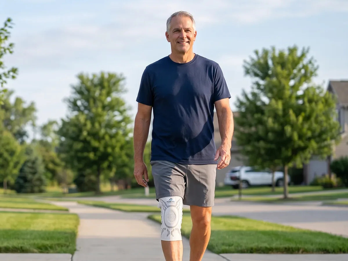 Man walking on a sidewalk wearing the PeakFlex Knee Sleeve