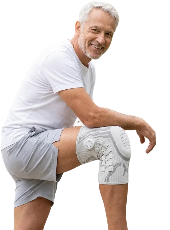 Smiling PeakFlex customer wearing the Knee Sleeve
