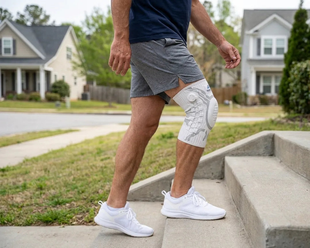 Man stepping up outdoor steps wearing the PeakFlex Knee Sleeve